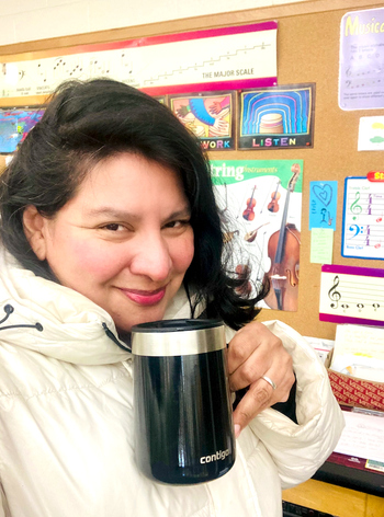 Taking a coffee break while about to start my day working with the choir and piano students at a local elementary school.
