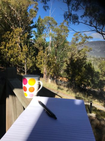 songwriting on the porch with a cuppa
