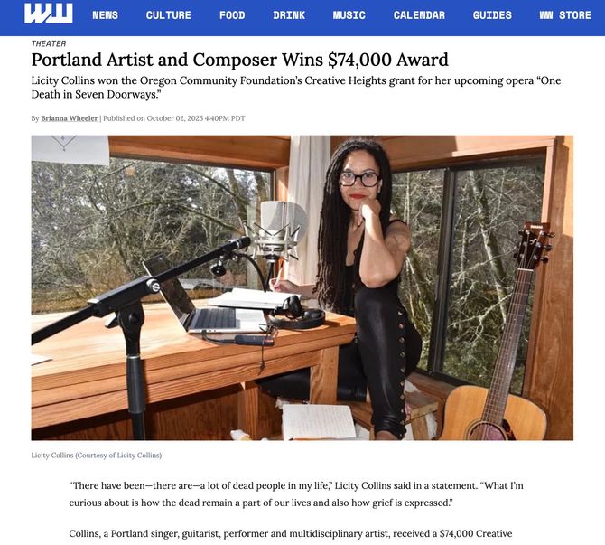Licity Collins, composer, sitting with her guitar, computer and microphone, wins Creative Heights Grant