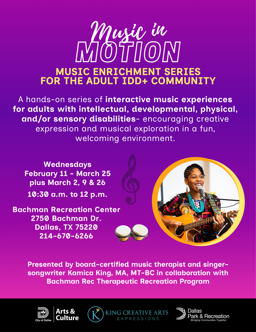 Kamica King Music Enrichment Series Special Needs IDD Adult Program Information 