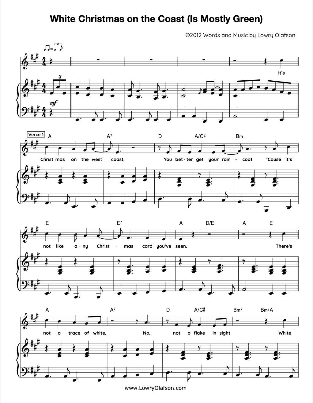 Sheet Music "White Christmas on the COast (Is Mostly Green)