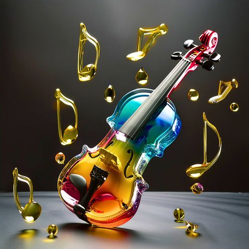 Visual representation of the 9 Solfeggio Frequencies used in sound healing, showing music notes and a rainbow violin symbolizing vibrational energy and transformation.