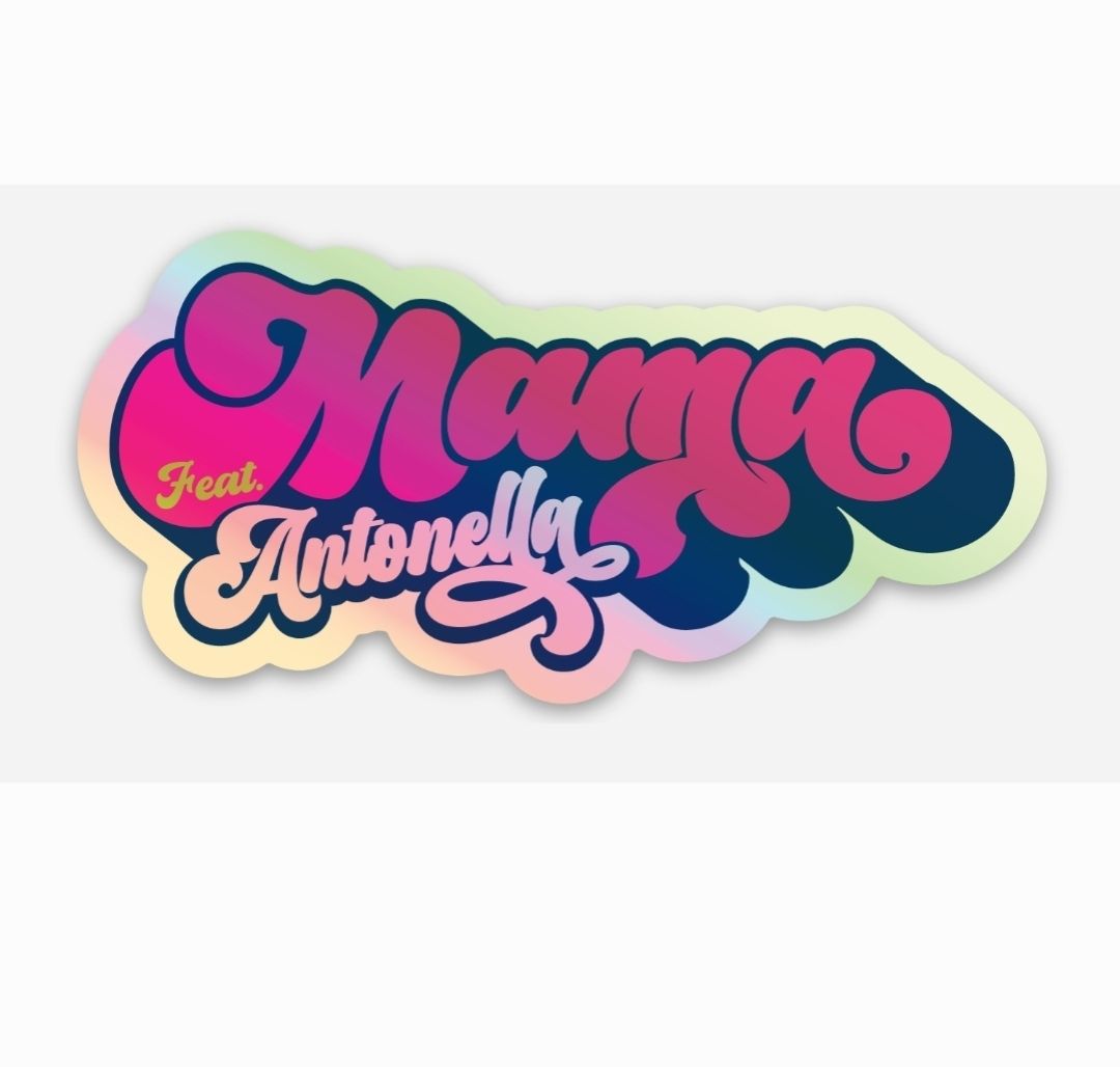 MAMA pink-toned holographic shape logo sticker