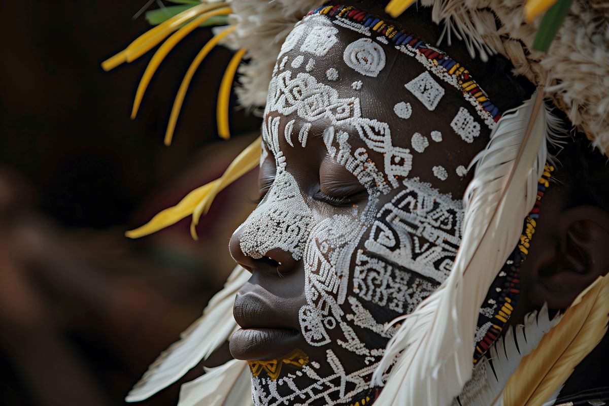 A man with a white-painted face and feathered headpiece, reflecting a look through African-American Culture.