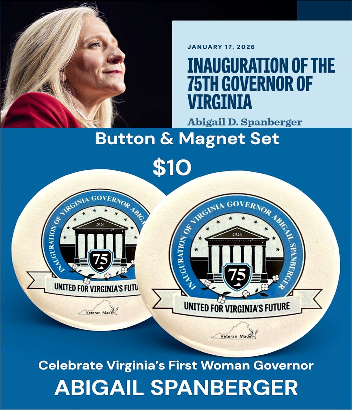 Governor Spanberger Inauguration buttons and magnet set 