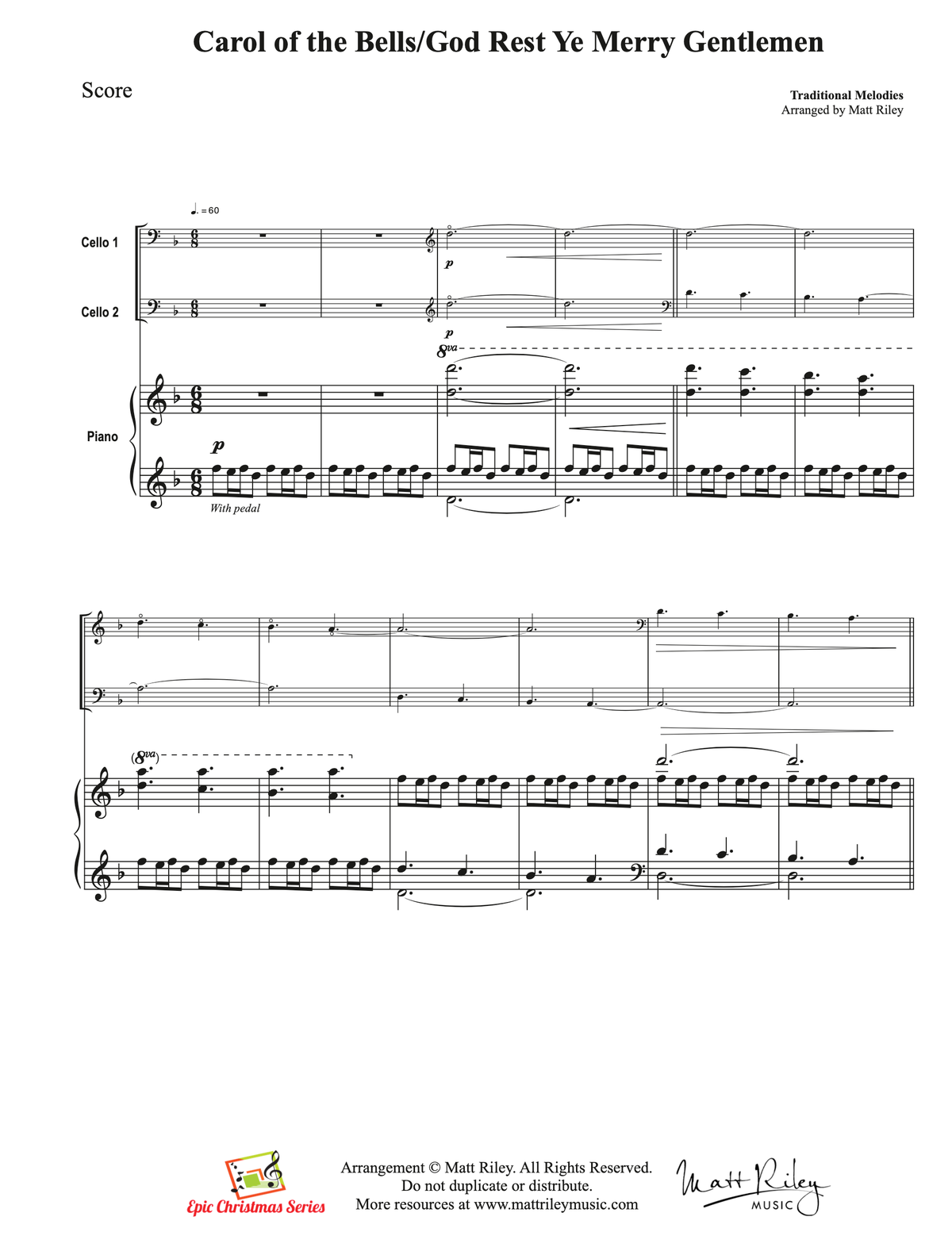 Carol of the Bells Medley - Two Cellos and Piano (PDF)