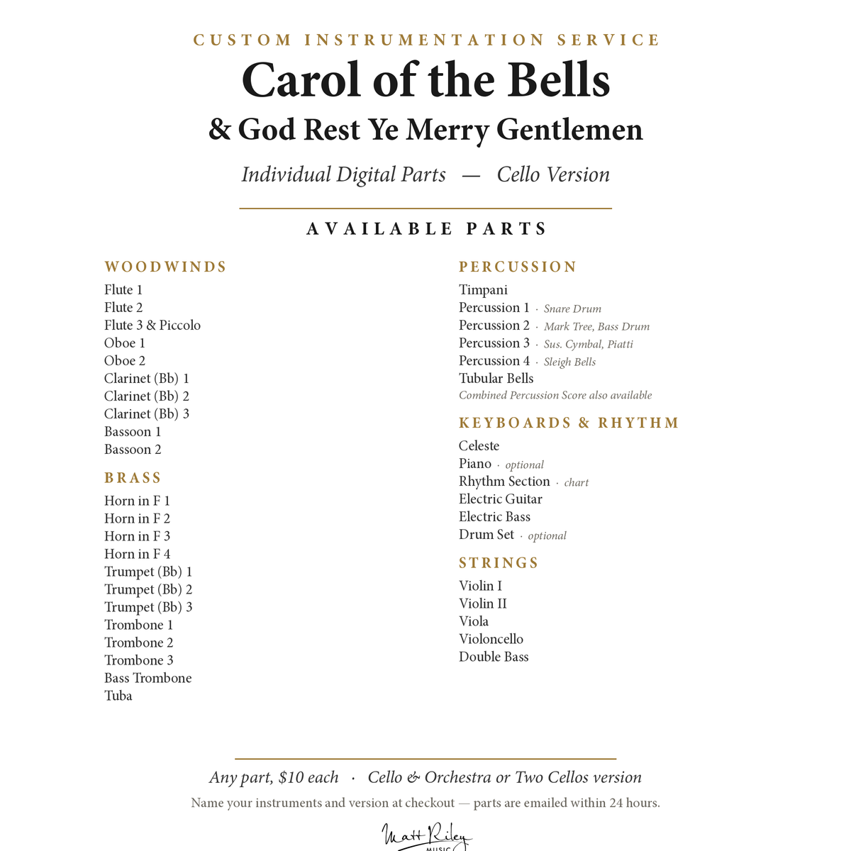 Carol of the Bells / God Rest Ye Merry Gentlemen (Cello) - Single Digital Part (PDF)
