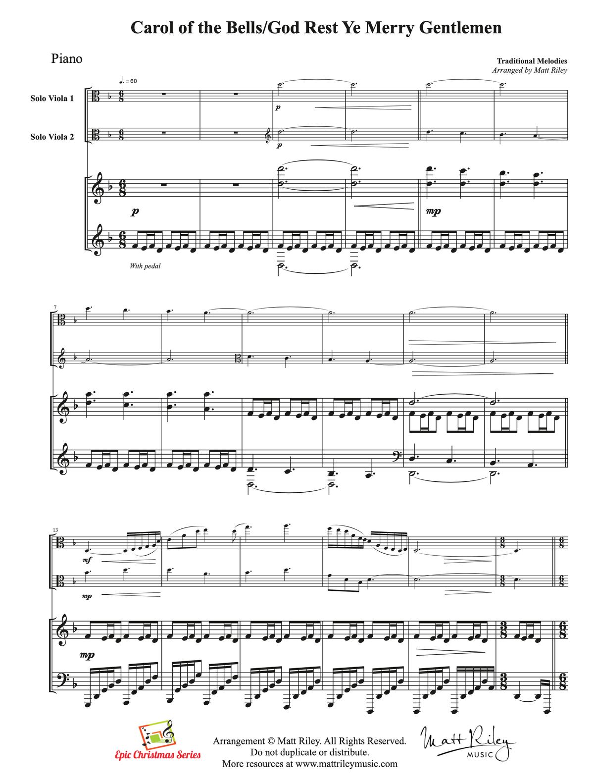 Carol of the Bells-God Rest Ye Merry Gentlemen - Two Violas and Piano
