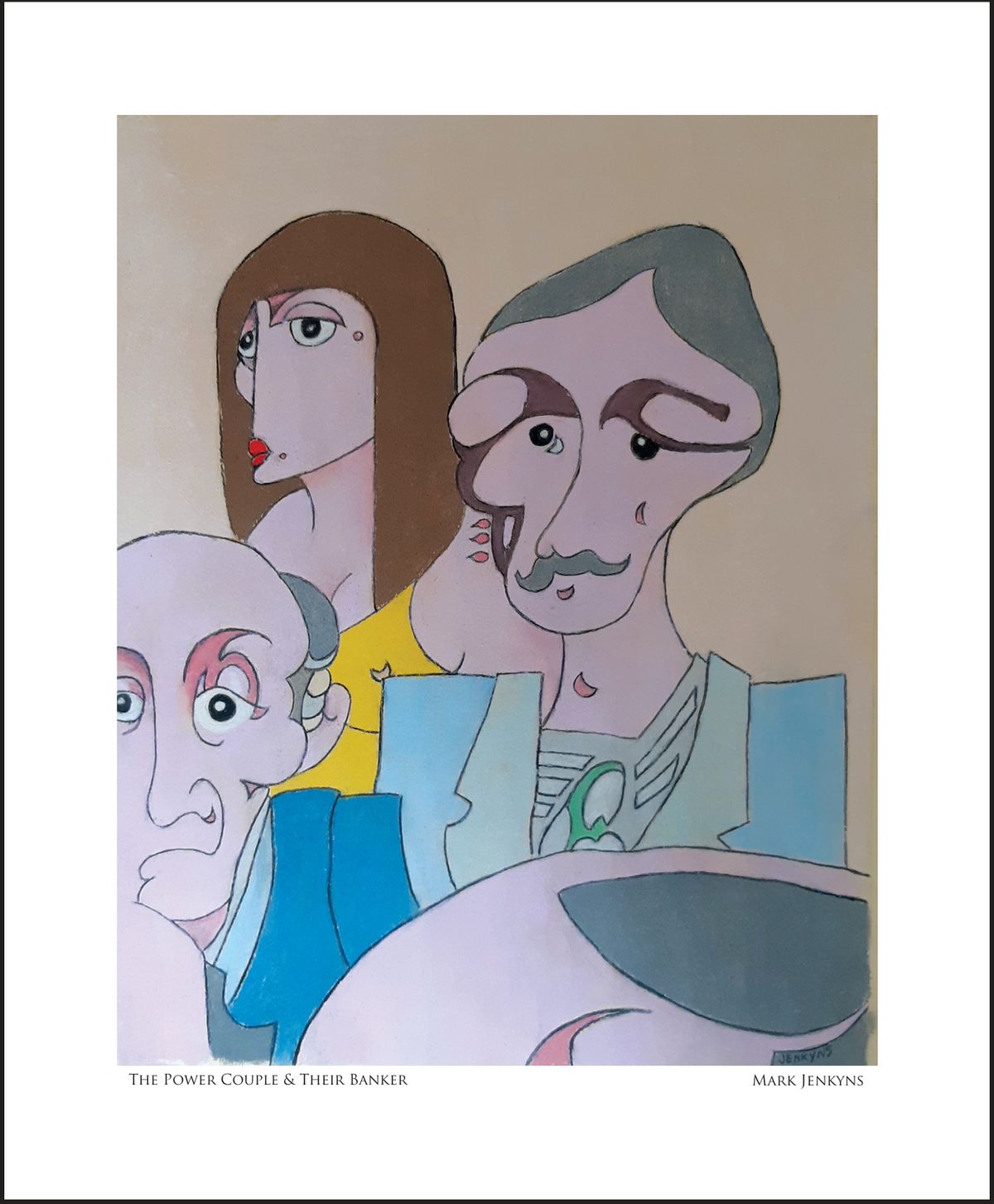 THE POWER COUPLE & THEIR BANKER (PASTEL) | Image 7.5”x 9.5”/ White frame 12.75”x 16.75”