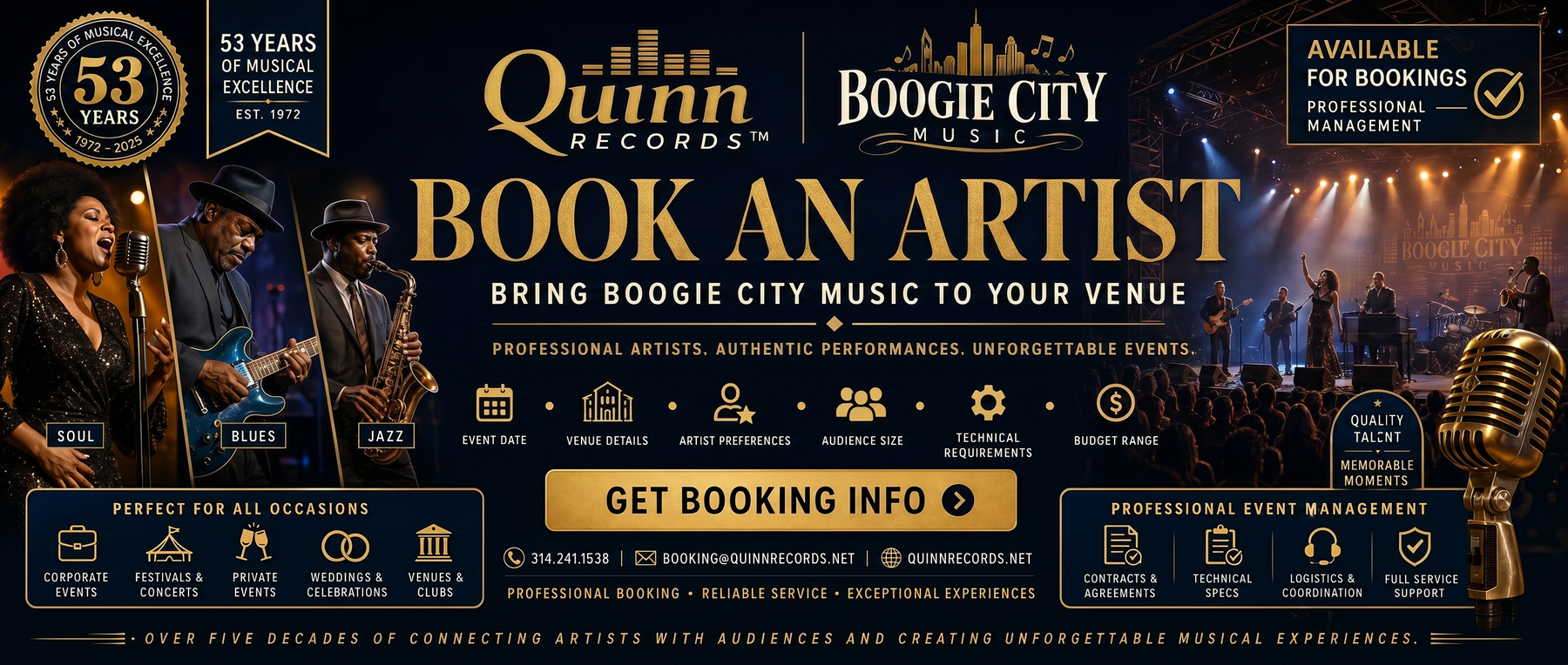 Book an Artist from Quinn Records TM: professional soul, blues and jazz musicians for your event