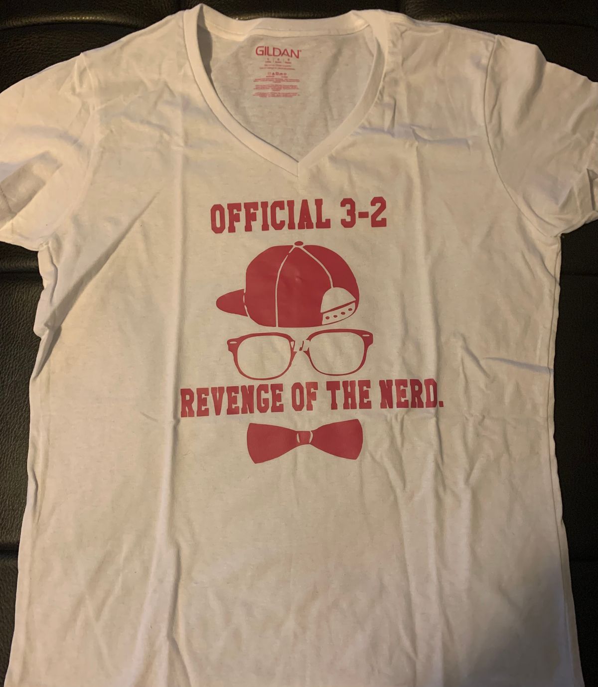 Revenge of the Nerd T-Shirt White/Pink Letters/Ladies V-Neck