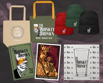 Whiskey Drinks merchandise showing hats, posters, tote bags and beanies for sale exclusively online