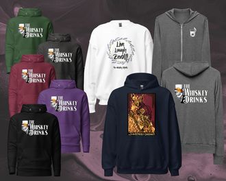 Whiskey Drinks merchandise showing a variety of hoodies and sweatshirts for sale exclusively online