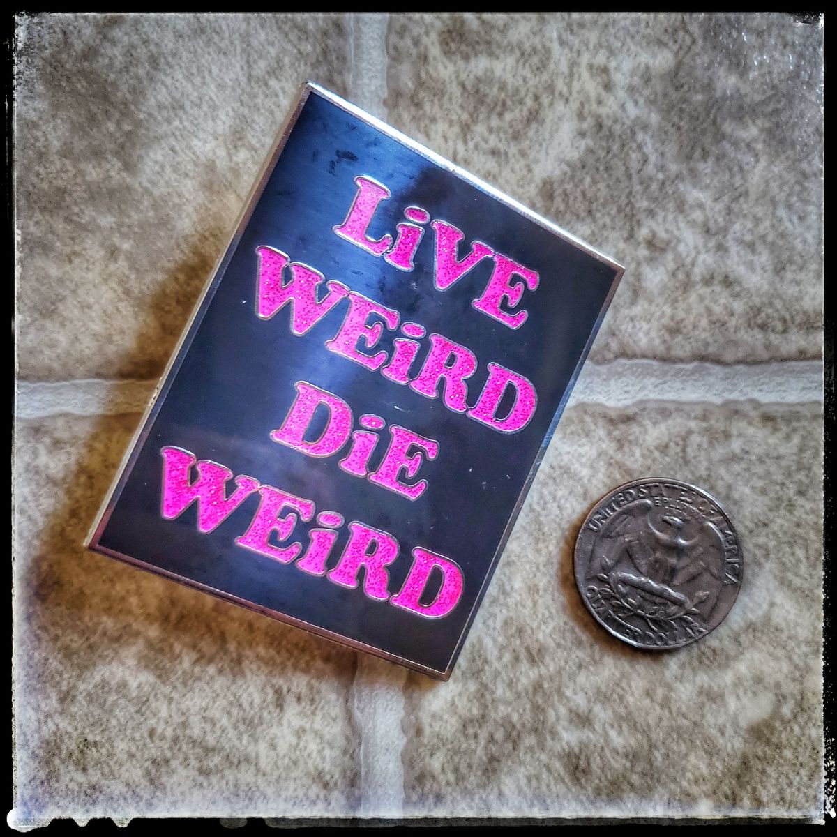 LiVE WEiRD DiE WEiRD oversized enamel pin (Black) (Soda's Crafty Chaos)