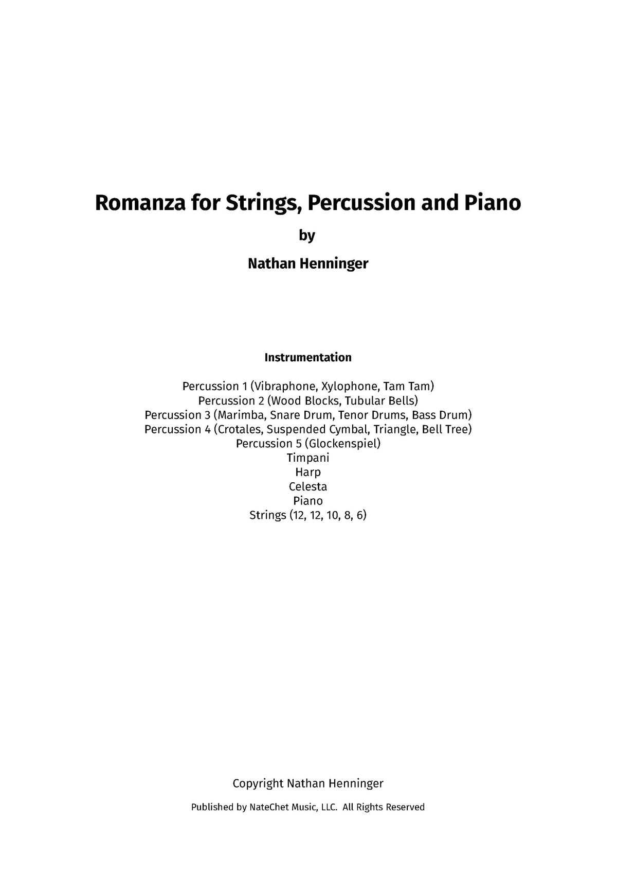 Romanza for Strings, Percussion and Piano - Score Only