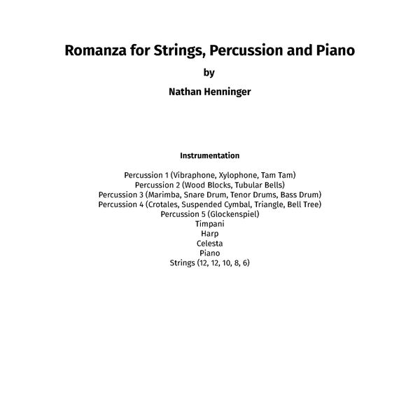 Romanza for Strings, Percussion and Piano - Score Only