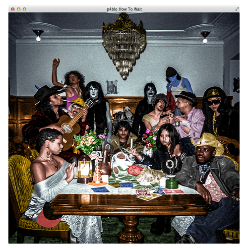 Album cover for How To Wait by p4blo showing a large group of people gathered around a dining table in an ornate room, wearing costumes and makeup, with food, flowers, and objects under a cha