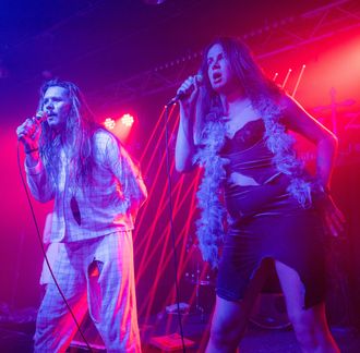 Darling Gails members Jason Darling and Bella Luxury performing live at Dingbatz in Clifton, New Jersey.
