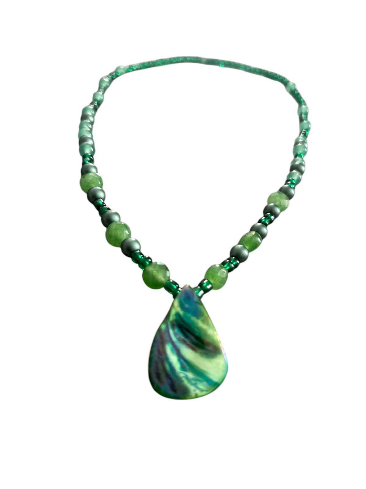 Green Abalone Charm 18 inch beaded necklace