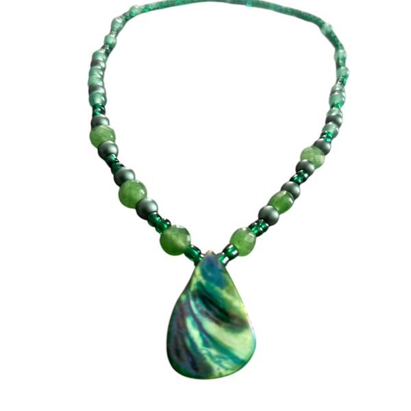 Green Abalone Charm 18 inch beaded necklace