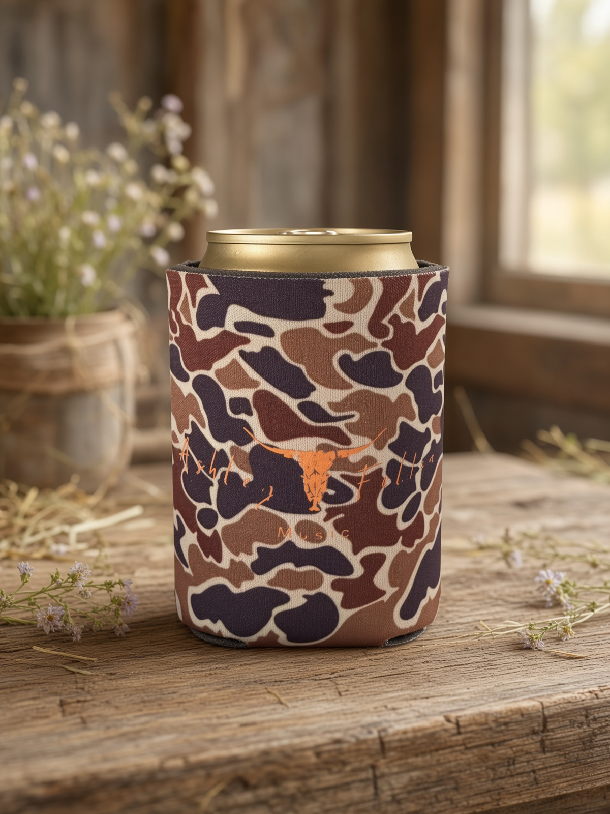 Ashley Felton Camo w/Orange Logo Can Koozie