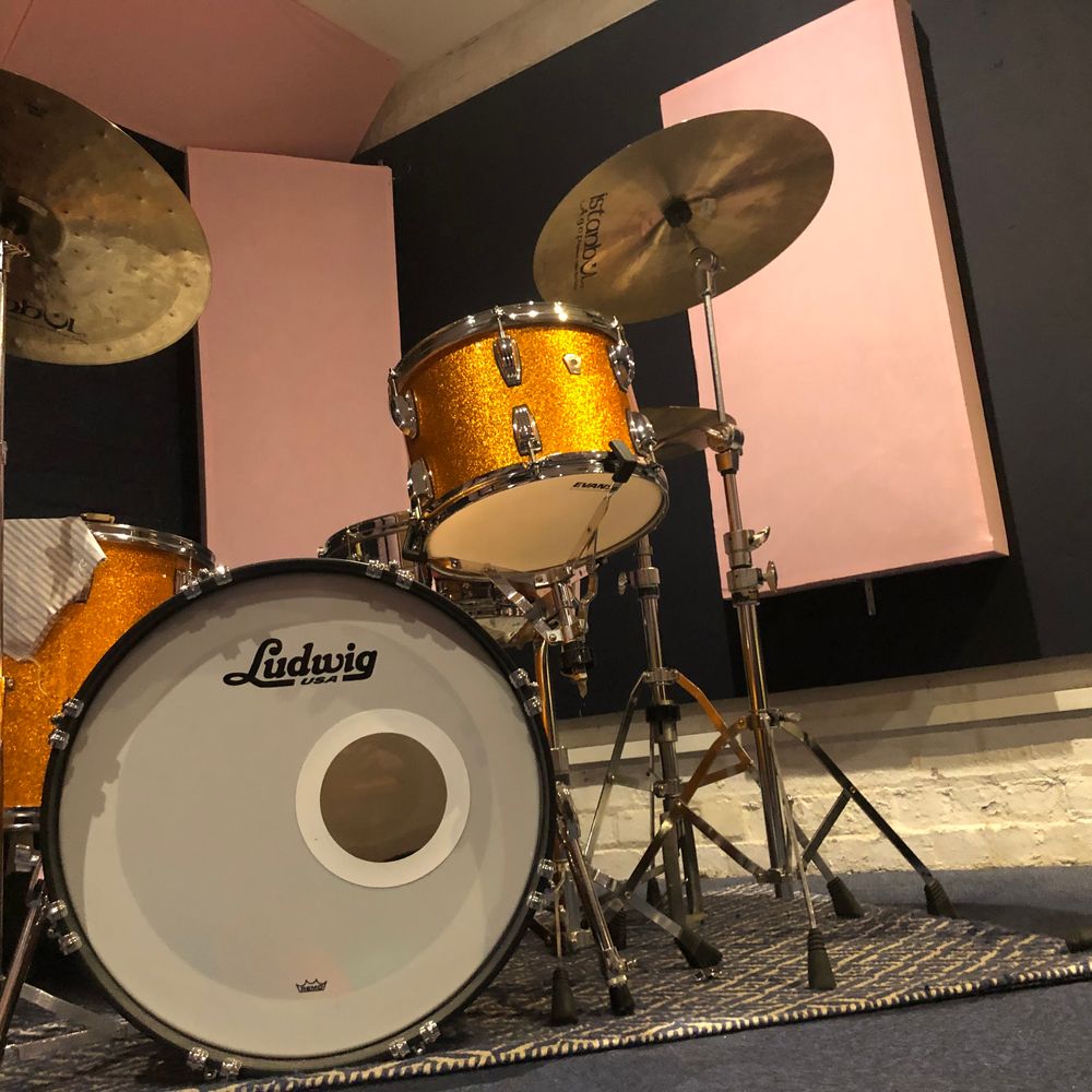 Rehearsal room setup in a professional music studio in Warrington, North West UK, featuring instruments and equipment for solo or group practice at Big Pink Music