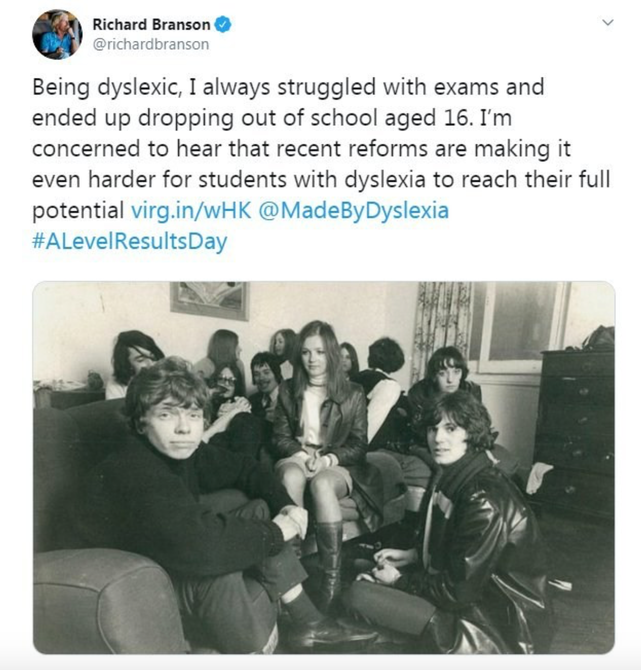 Photos of 16 year old Richard Branson, who was beaten at school for being dyslexic.