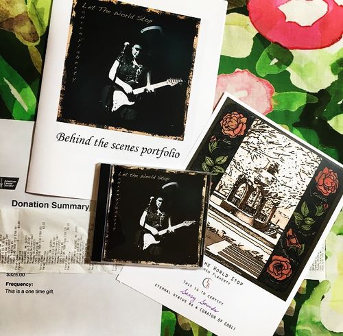 CD, album art, postage receipt, donation receipt