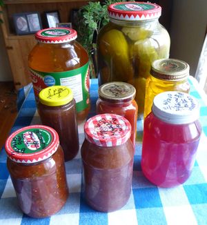 Photo of canned produce in reused glass jars